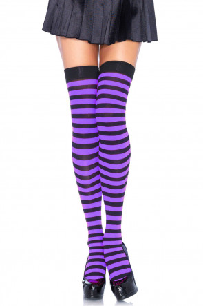 Striped Nylon Thigh Highs purple