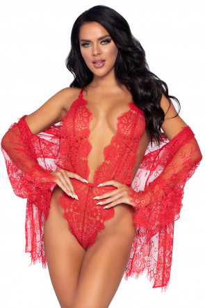 3pc Floral Lace Teddy & Robe